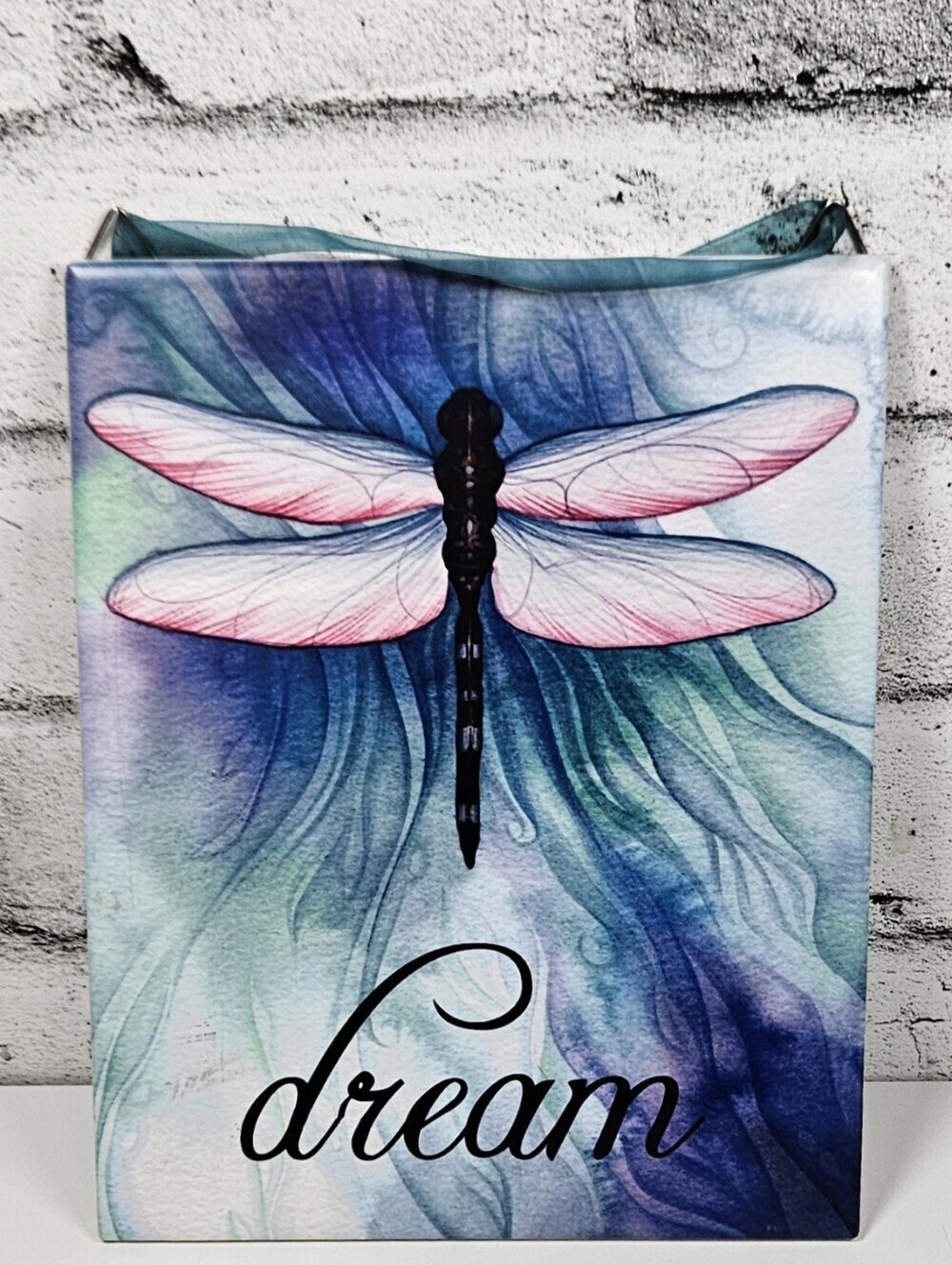 Dragonfly Dream Wall Art Plaque Canvas Decor with Ribbon Hanging 10 x 8